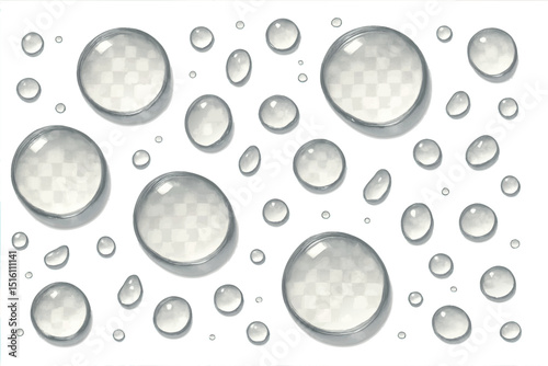 Realistic vector water droplets scattered on a white background representing hydration, transparency, and moisture concepts.