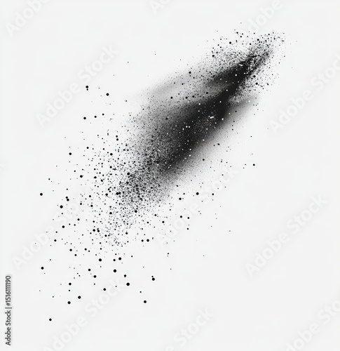 Abstract dark smudge with scattered particles. A black, irregular shape spreads outward, with tiny specks dispersed across the surface