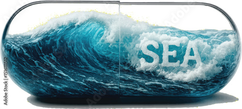 Creative photorealistic concept showing ocean waves inside a transparent capsule labeled SEA, symbolizing nature and medicine.
