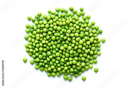Pile of small, bright green peas.  A close-up view of many round, vibrant green peas clustered together, forming a mound.  They are evenly distributed and appear fresh