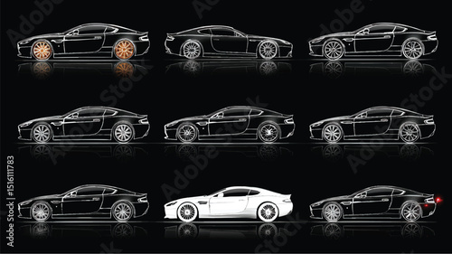 Dark-themed display of black sports cars with neon rims, shining outlines, and reflections, showing different side angles.