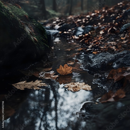 Serene autumn stream a single leaf floats gently reflecting nature's peace