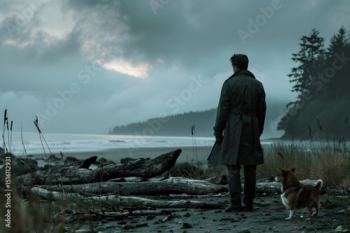 Man and dog contemplate the vast ocean a breathtaking coastal scene of solitude and tranquility