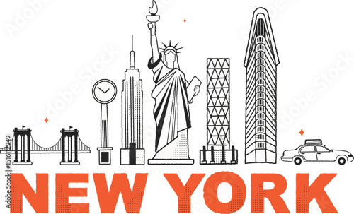 New York culture travel set, famous architectures and specialties in flat design. Business US tourism concept clipart. Image for presentation, banner, website, advert, flyer, roadmap, icons