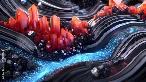 Vivid red crystals glowing intensely amidst dark swirling energy an abstract spectacle of nature's power