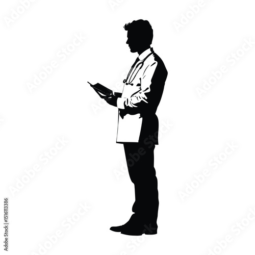 A doctor working in a field clinic minimal silhouette