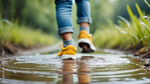 Person in Yellow Sneakers and Blue Jeans Walking Through a Puddle on a Forest Path – Playful Outdoor Adventure with Splashes and Motion