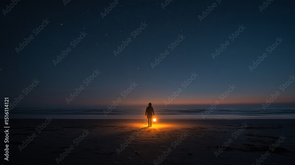 Fototapeta premium A person standing alone on a dark beach at night, holding a lantern
