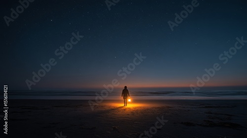 A person standing alone on a dark beach at night, holding a lantern