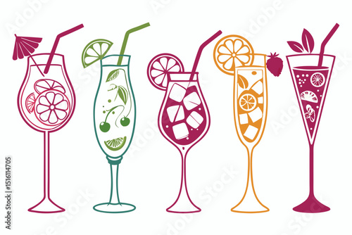 set of Cocktail vector silhouette illustration isolated on white background