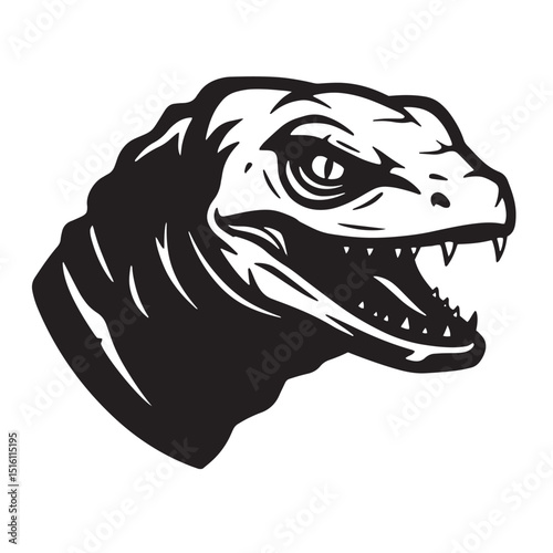 Bold black and white illustration of a fierce and powerful raptor dinosaur head