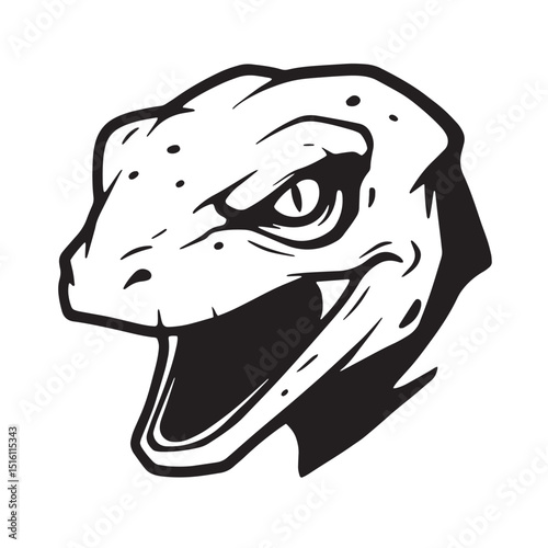 Fierce black and white illustration of a raptor head showing an aggressive expression