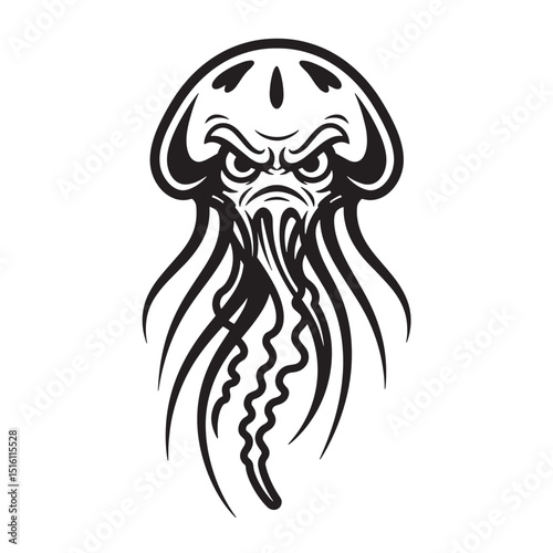 Fierce black and white vector illustration of an angry medusa jellyfish with detailed design