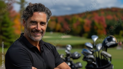 Middle aged professional golfer posing in a golf course while smiling.