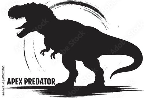 Silhouette of a tyrannosaurus rex dinosaur with brush strokes and apex predator text
