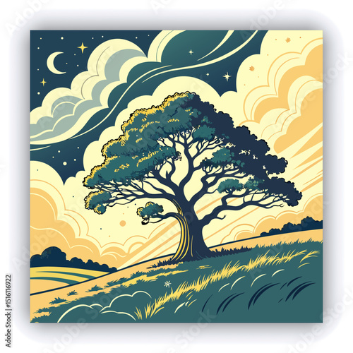 A large, majestic tree stands at the center of the image, dominating the landscape.  The tree is depicted against a vibrant backdrop of swirling, luminous clouds, nebula-like formations, and a starry 