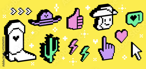 3D vintage cowboy and cowgirl icon emoji. Pixel art. Y2k collage sticker set. Cowboy hat, cowboy boot, cactus emoji. 3D bright retro digital wild west geometric objects isolated on yellow background
