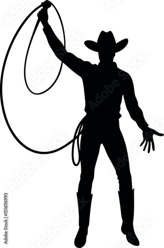 Rodeo cowboy riding horse silhouette, Western lasso action graphic, Horseback rider with rope illustration