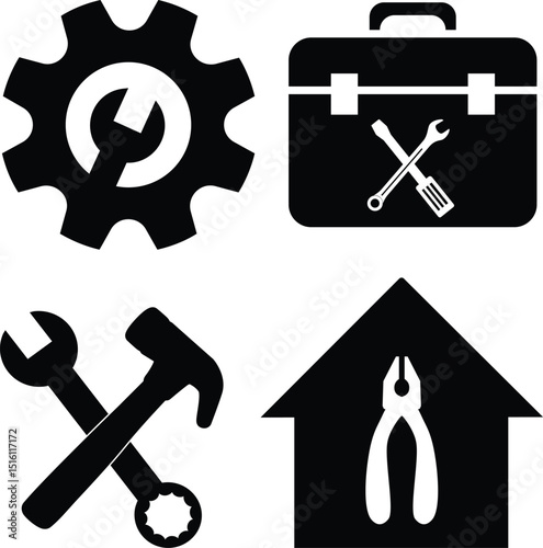 Set of Black Tool Icons Gear Toolbox Wrench Hammer Pliers and Home Repair Symbol Perfect for Construction Maintenance and Engineering Themes