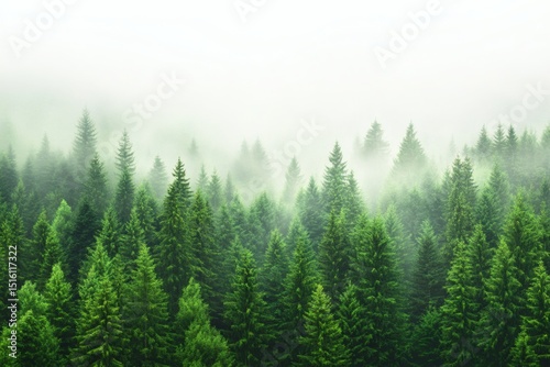 Top view of forest with layers of fog. Mountain background