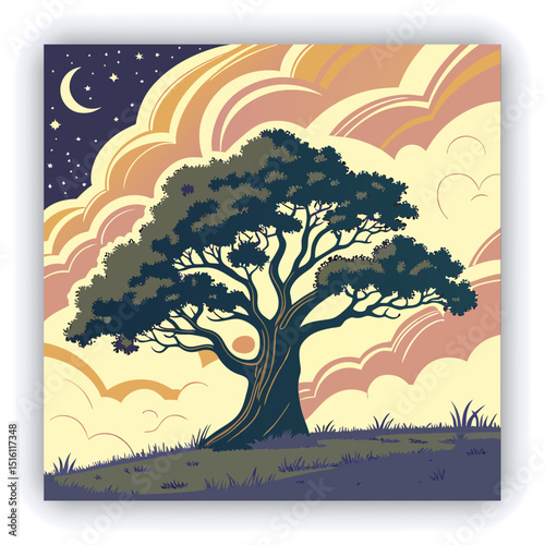 A large, majestic tree stands at the center of the image, dominating the landscape.  The tree is depicted against a vibrant backdrop of swirling, luminous clouds, nebula-like formations, and a starry 