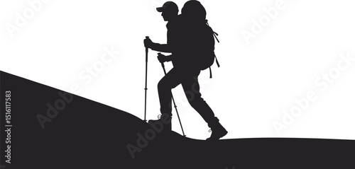 Silhouette of hiker trekking uphill with hiking poles backpack and cap on a white background
