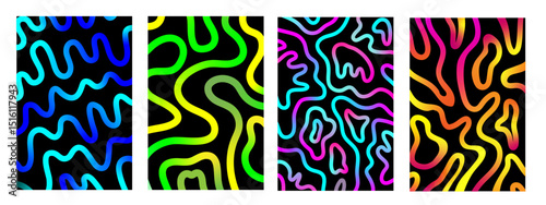Twisted continuous neon lines, groovy funky fluid, curved, wiggling stripes vector backgrounds set on black background. Abstract gradient waves, doodles, hand drawn lines