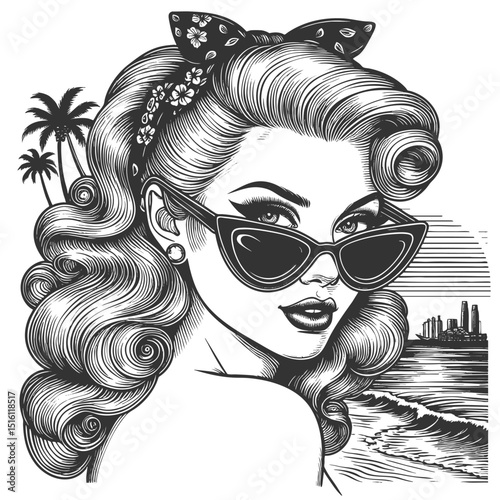 cat-eye sunglasses gazes over shoulder near beach, with ocean waves and skyline in background sketch engraving generative ai vector illustration. Scratch board imitation. Black and white image.