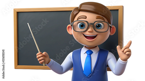 Cheerful cartoon teacher pointing at blackboard with pointer stick and smiling broadly