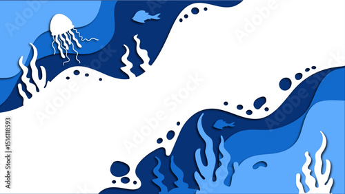 Ocean day deep sea paper cut effect background. Deep sea design with copy space,  perfect for world ocean day, water day and the environment day