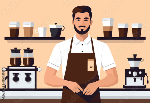 Barista in Modern Cafe with Coffee Machines and Cups on Shelves