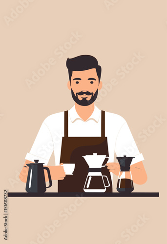 Barista Holding Coffee Cup in Modern Cafe with Coffee Machines and Cups on Shelves
