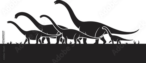Silhouetted group of brachiosaurus dinosaurs walking on grassy plain in black and white