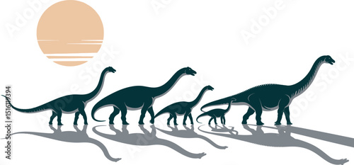 Silhouettes of brachiosaurus dinosaurs walking under a sun in a prehistoric scene