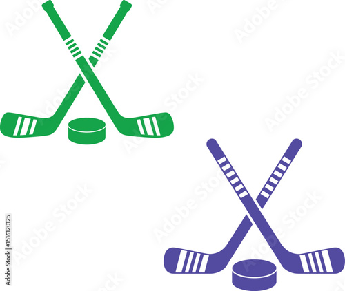 Green and Violet Crossed Hockey Sticks with Pucks on a Clean White Backdrop