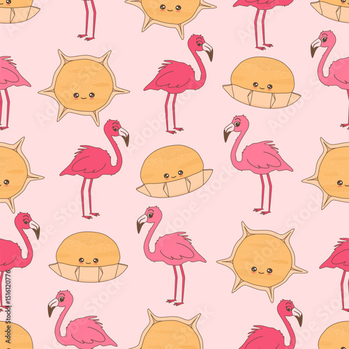 cute hand drawn cartoon character pardulas traditional sardinian dessert food and flamingos seamless vector pattern illustration on pink background