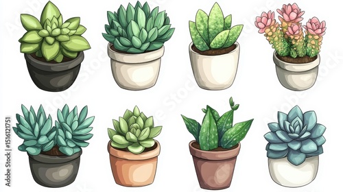 Different cute succulents in pots on white background