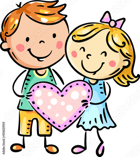 Doodle cartoon teens holding heart with a blank space for your text. Valentines day clipart