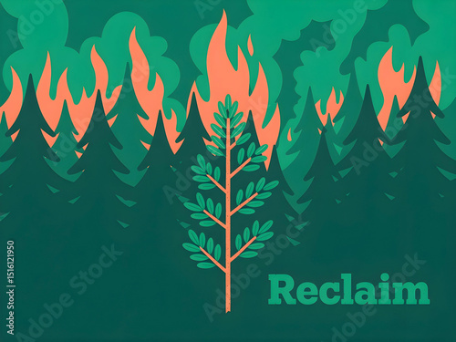  vibrant illustration portrays a thriving young sapling amidst a dark forest silhouette and stylized flames, with the bold message 