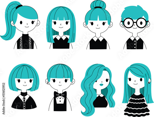 Vector illustration of stylish cartoon characters with teal hair and black and white outfits