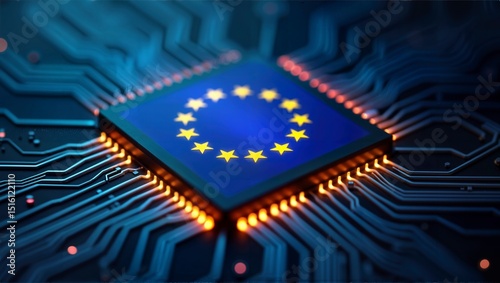 A European-made computer chip with the EU flag, ensuring independence from non-EU microprocessor production - ai generated