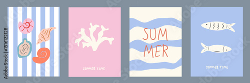 Summer and beach concept poster card set. Modern abstract prints with hand drawn coastal, fish, seashells, coral. Summer holiday, sea, surf theme, vacation travel illustrations. vintage wall decor.