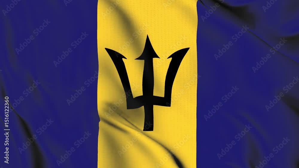 The Barbados Island country flag waves in the wind.
