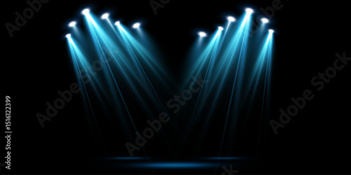 Spotlights of bright blue light with isolated place for stage and presentations. Vector glowing spotlight light effect with transparent beams. 