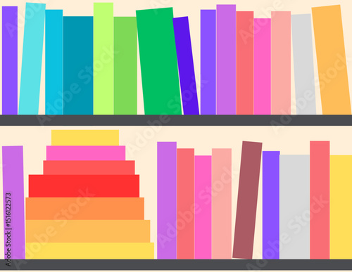 32 rainbow color, energetic read books tracker vector design with 2 bookshelfes full of book spines to write a read book title & author