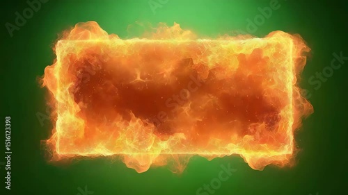 Dynamic Fiery Frame with Bright Orange Flames Against a Gradient Green Background