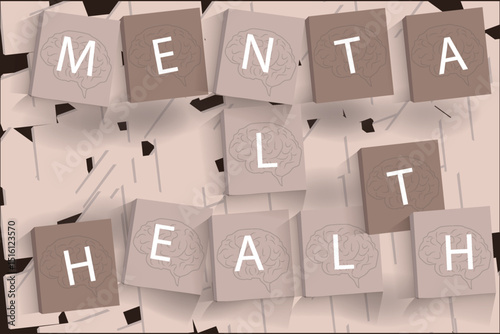 Mental Health words on wooden blocks and cube top view concept, vector illustration design background