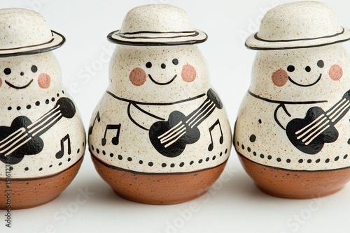 Three small, ceramic figurines, each shaped like a cheerful snowman, adorned with hand-painted musical instruments and musical notes.  They wear  small hats and have rosy cheeks