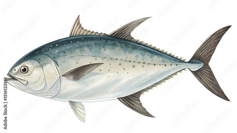 Fototapeta premium Watercolor illustration of a detailed atlantic horse mackerel on a white background