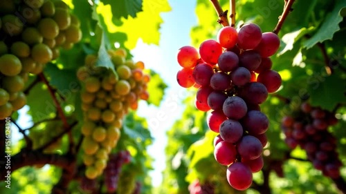 Sunlit vineyard with clusters of ripe green, red, and purple grapes hanging from lush vines. Ideal for agricultural, culinary, and wine production themes, harvest and natural abundance.